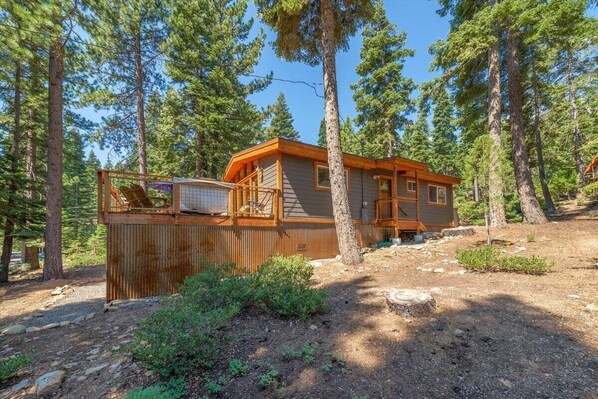 A cabin with a wooden deck, surrounded by tall pine trees.