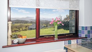 Eine Küche mit Fenster, einer Obstschüssel und einer Vase mit Blumen.