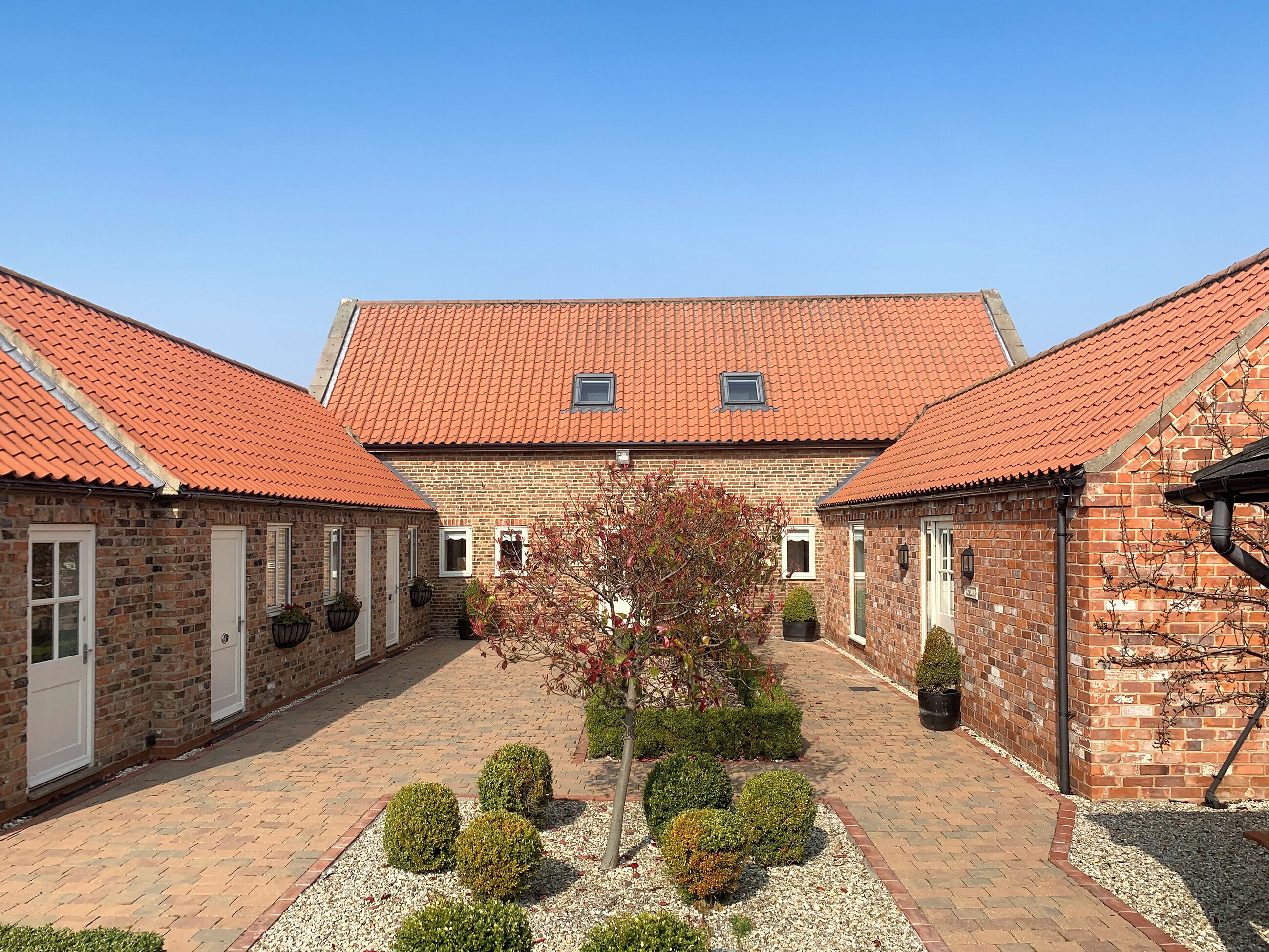 A courtyard with brick buildings, a central tree, and a paved walkway.
