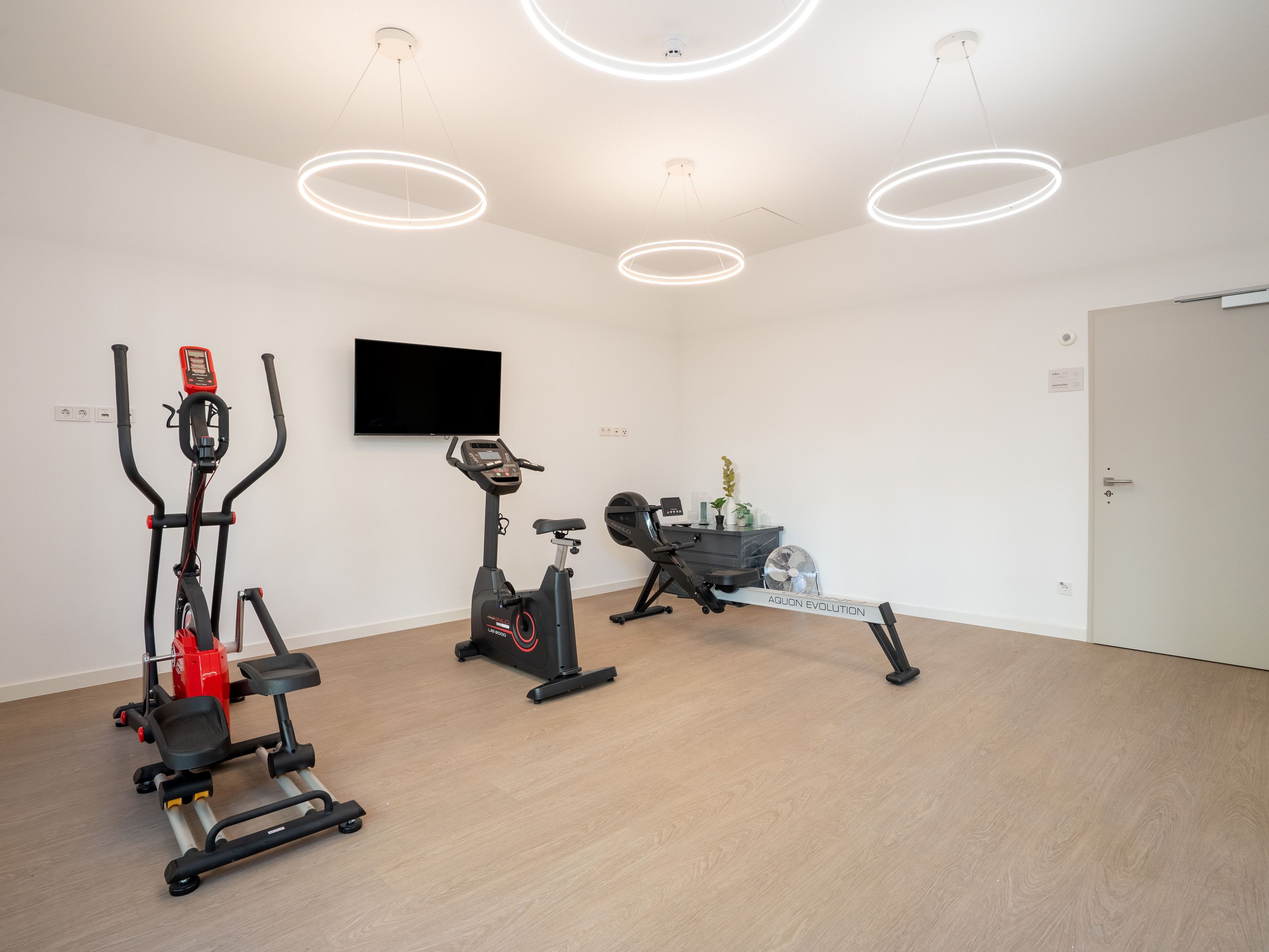 A modern gym with cardio equipment, a TV, and a fan.