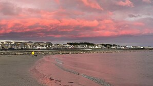 A beach with a pink sky, houses in the background, and a person in a yellow jacket walking a dog.