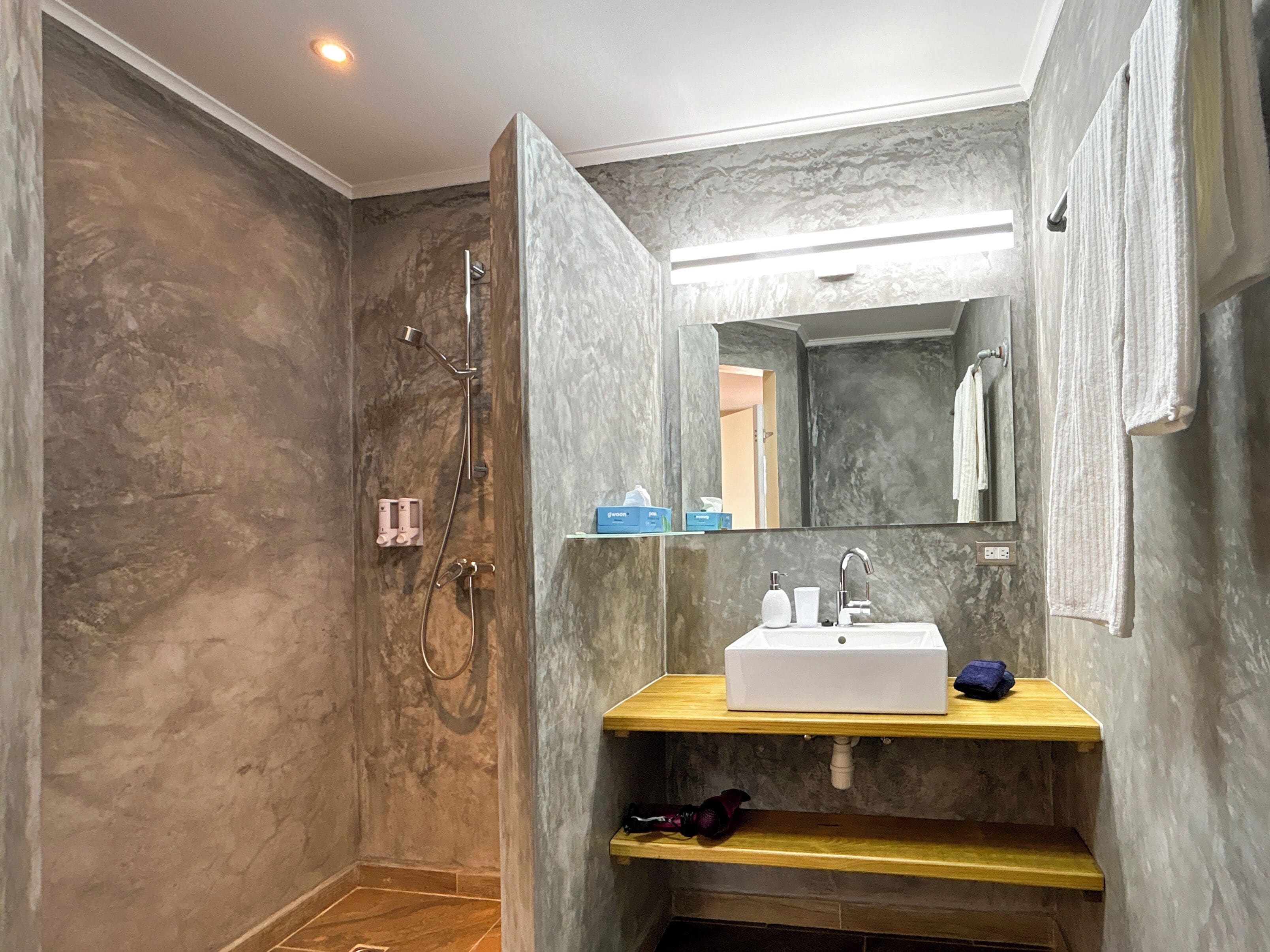 hair dryer, towels, soap, shampoo