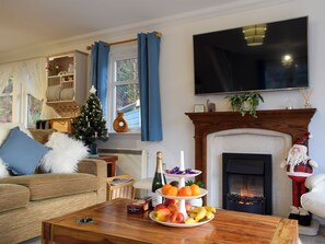 A living room with a fireplace, a television mounted on the wall, a Christmas tree, and a fruit platter on a coffee table. - This property was formerly known as Loch View Cottage. (Strathyre, near Callander)