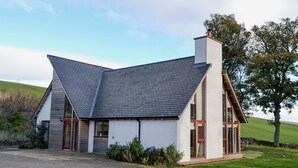 Een modern huis met een schuin dak, grote ramen en een schoorsteen.