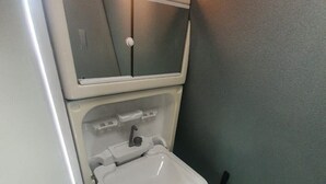 A compact bathroom with a small sink, a mirror above it, and a toilet. - Camper 8 “Bertha” (Leinster)
