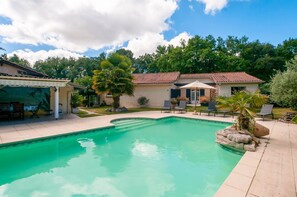 A heated pool, pool loungers
