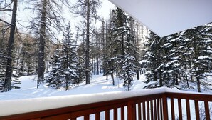 A snowy forest scene viewed from a wooden balcony. - Appartement T2 Albane Vars (vars)