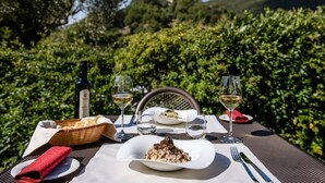 A table set outdoors with a bottle of wine, glasses, a basket of bread, and a plate of food.