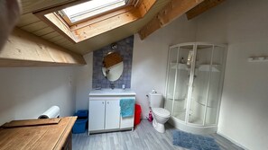 Bathtub, hair dryer, soap, toilet paper