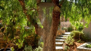 A tree with a hanging water feature, surrounded by greenery and stone steps. - Villa Elounda - Eight Bedroom Villa, Sleeps 17 (Elounda)