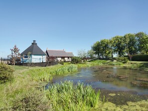 Een landelijk landschap met een huis, een vijver en een brug.