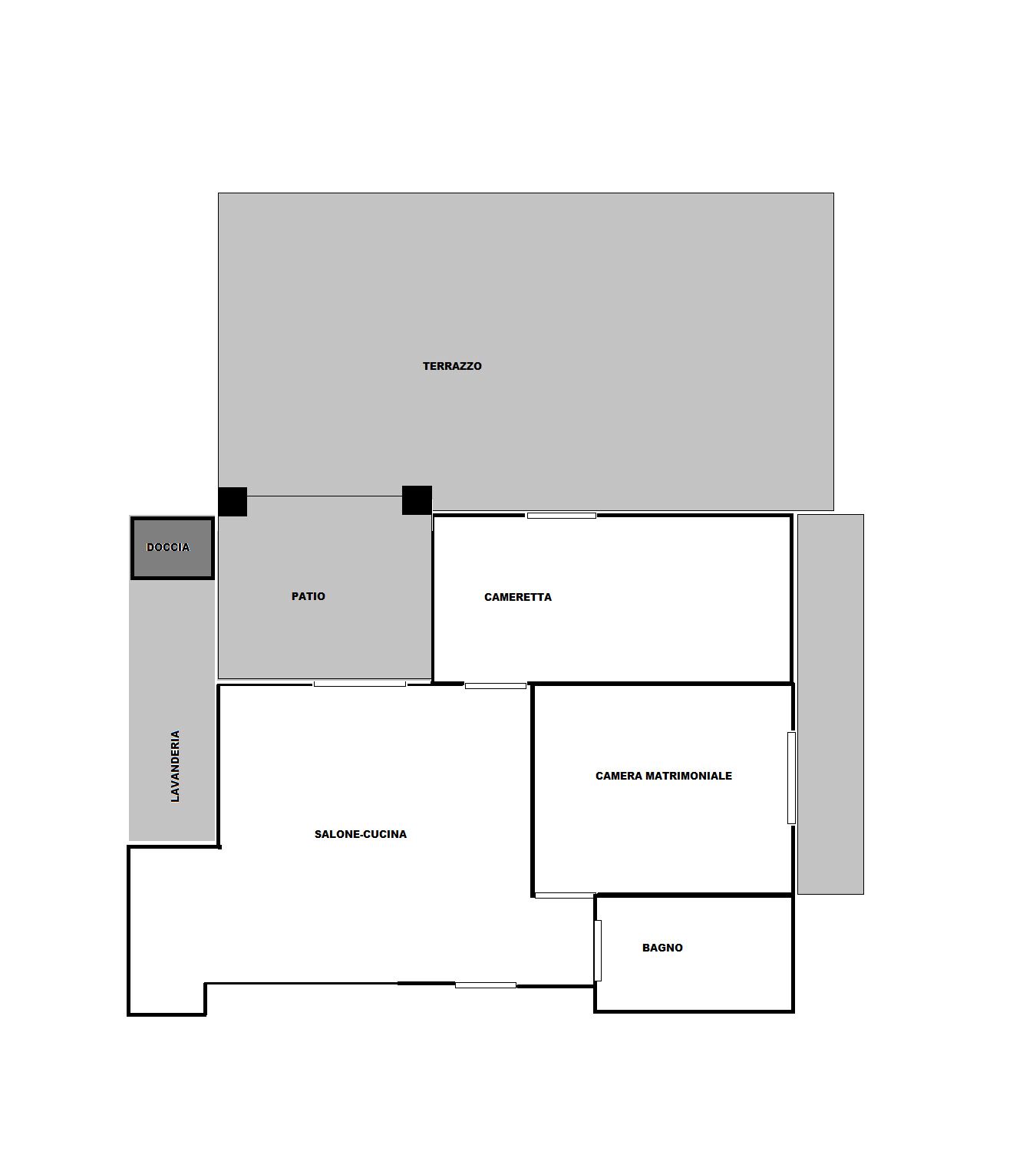 Un plan d’étage comprenant une terrasse, une chambre à coucher, une salle de bain, un salon-cuisine, une buanderie, un patio et une douche.
