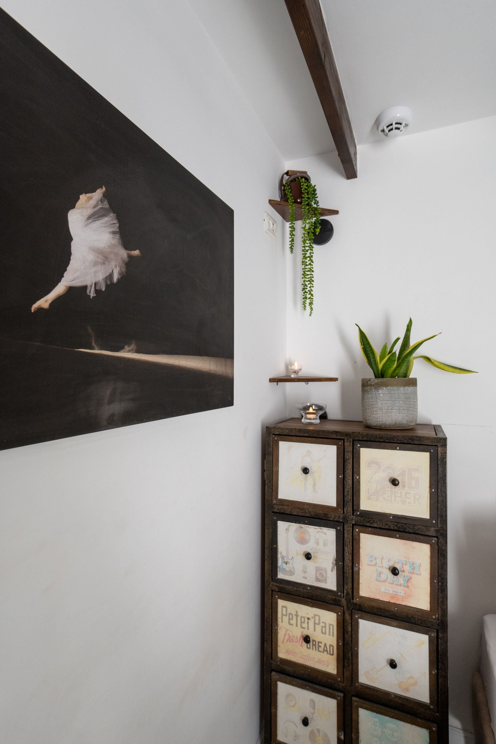 Una habitación con un cuadro blanco y negro, un armario de madera con etiquetas antiguas, una planta colgante y una lámpara de techo.