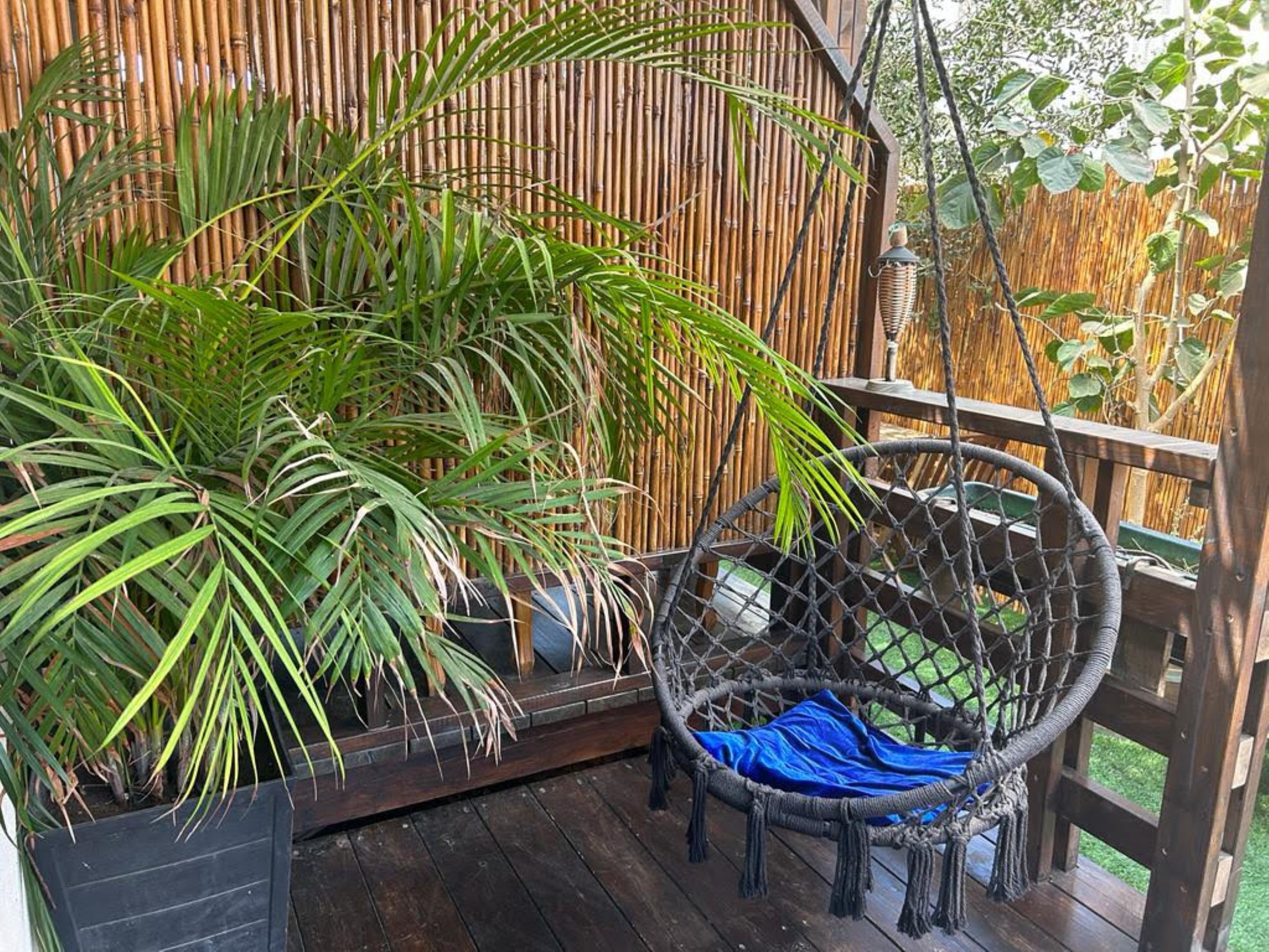 Eine Holzterrasse mit einem Korbstuhl und einem Blumentopf.