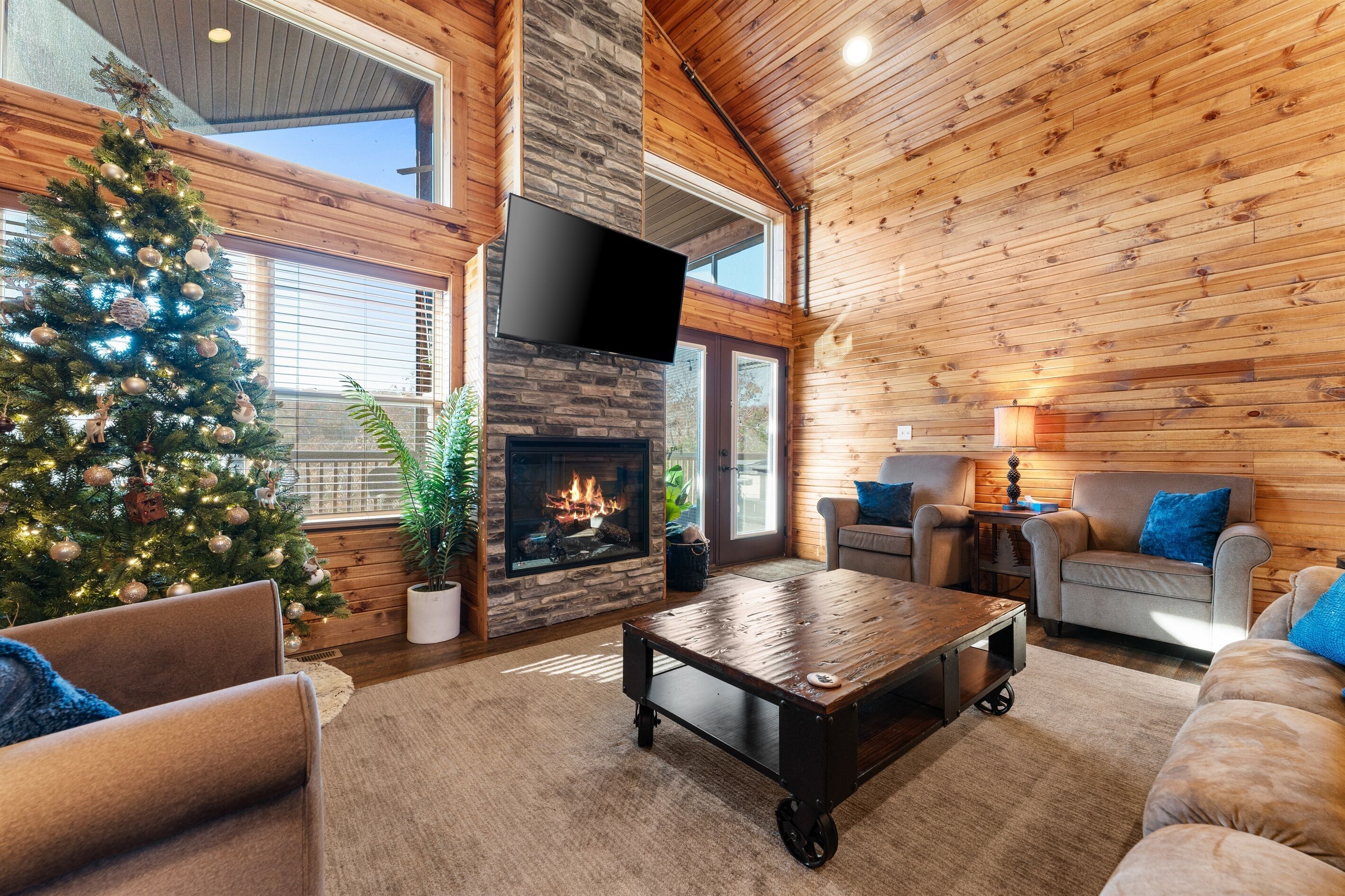 Smart TV, lareira, livros, escritórios