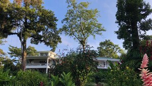 A lush garden with a pathway leading to a white building with a balcony.