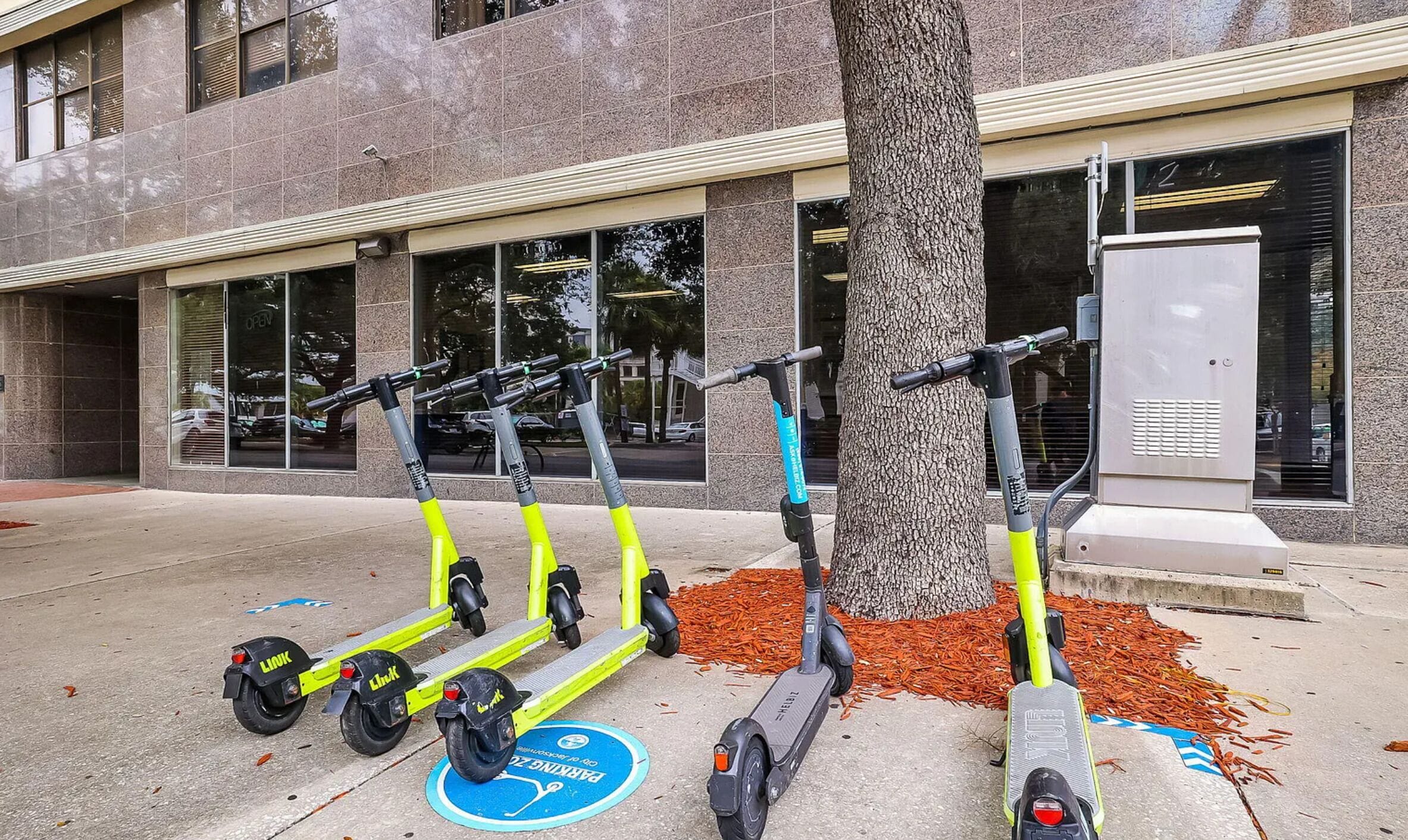 Alcuni scooter elettrici parcheggiati di fronte a un edificio con ampie finestre e un albero.