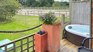 Une terrasse en bois avec un jacuzzi, deux jardinières fleuries et une barrière en corde.