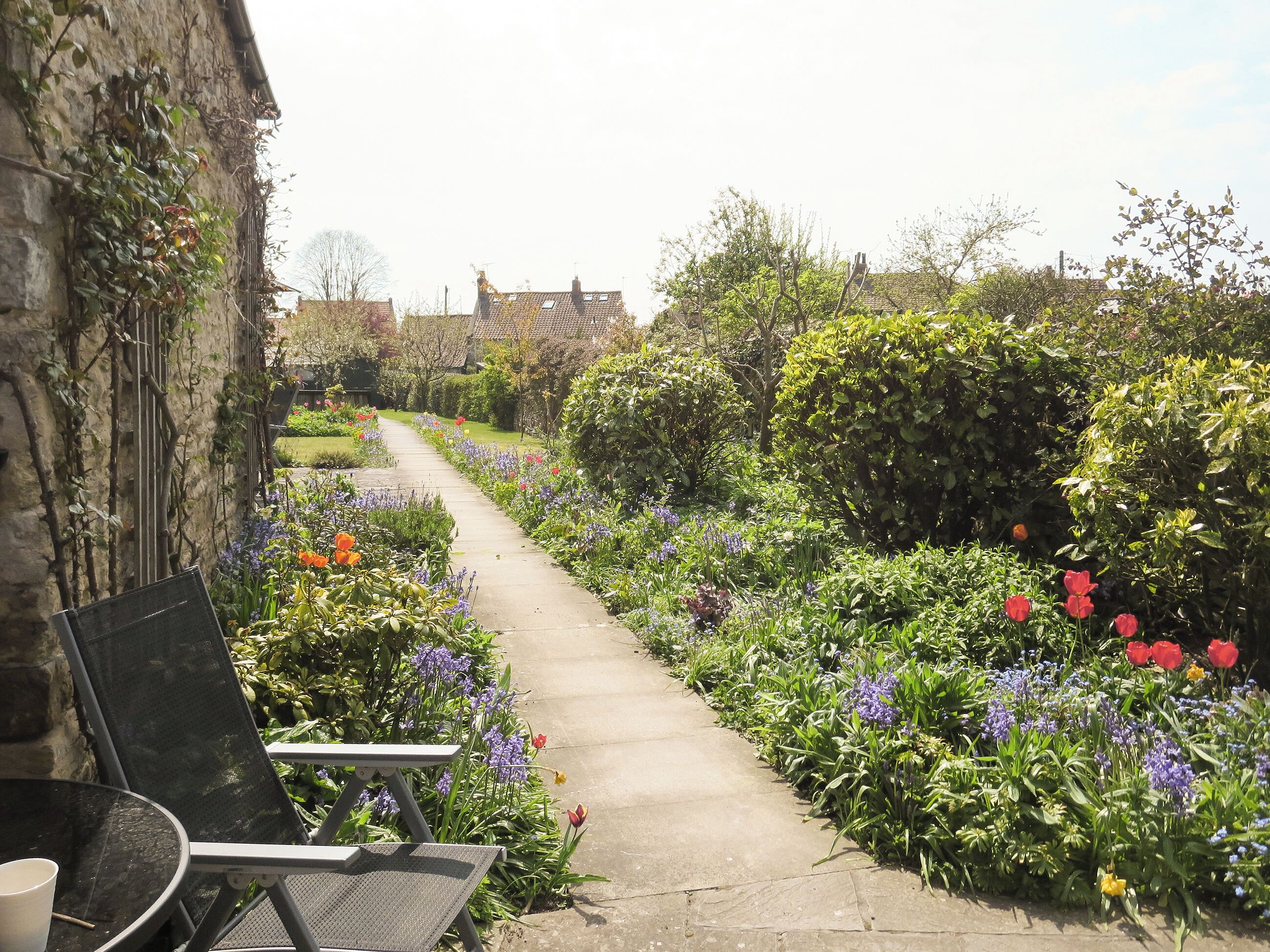 A garden pathway with a stone wall on one side and a variety of flowers and shrubs on the other.