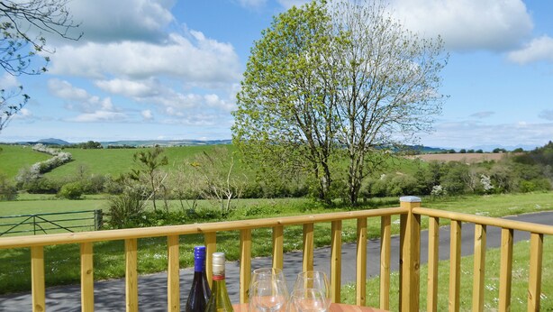 A wooden table with wine bottles and glasses on a balcony overlooking a green landscape with trees and a clear sky.