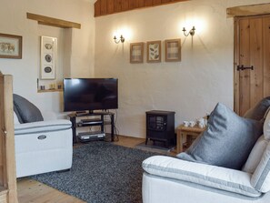 A cozy living room with a television, two sofas, a small table with cups, and a wood-paneled wall.