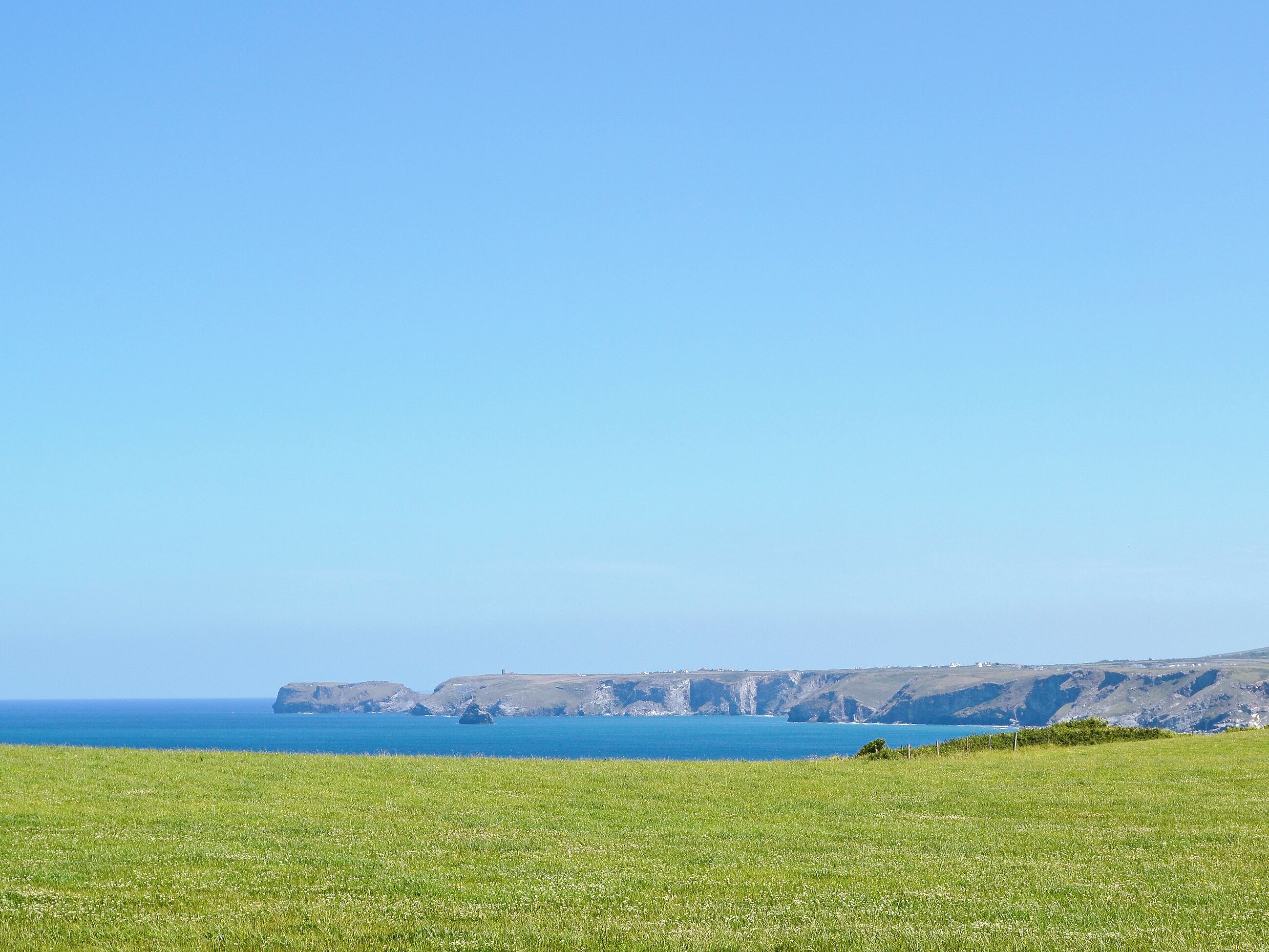 A grassy field with a clear blue sky and a distant coastline.