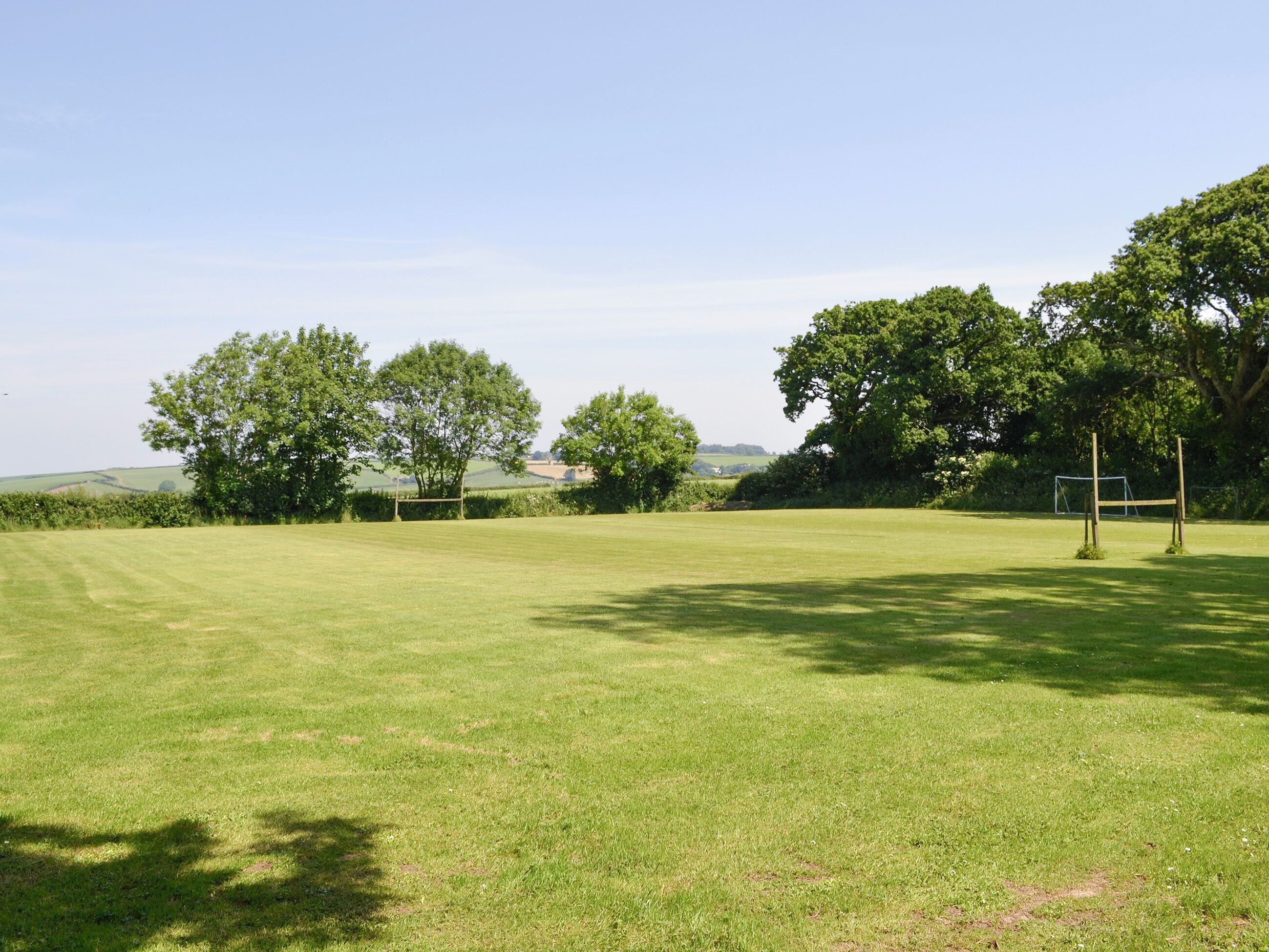 Een grasveld met bomen en een voetbalkooi.