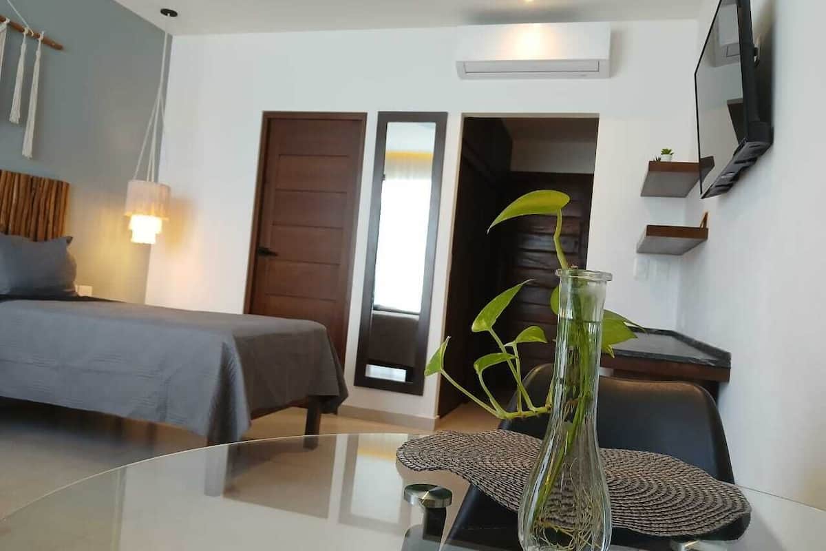 Una habitación de hotel moderna con una cama, una mesita con un florero, una silla, un televisor montado en la pared y una puerta que da a otra habitación.