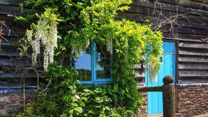 A rustic wooden cabin with a large tree in front, a blue door, and a stone wall foundation. - 4 bedroom accommodation in Longhope, near Gloucester (Longhope, near Gloucester)