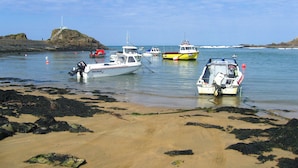 Uma área costeira com barcos atracados perto de uma praia de areia e algas marinhas.