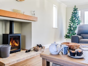 A cozy living room with a fireplace, a Christmas tree, and a comfortable seating area.