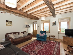 Uma sala de estar com sofá de couro marrom, poltrona azul, tapete estampado, vigas de madeira no teto e uma televisão sobre um móvel de madeira.