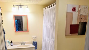 Ein Badezimmer mit Waschbecken, Spiegel und Toilette. Ein Duschvorhang, ein Handtuchhalter und ein kleiner Teppich sind vorhanden.
