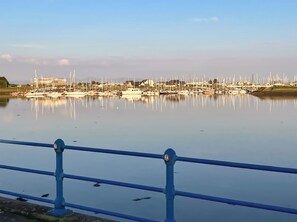 Un puerto deportivo con numerosas embarcaciones amarradas, cielo despejado y una barandilla azul en primer plano.