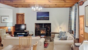 Una sala de estar acogedora con chimenea, televisor y asientos cómodos.