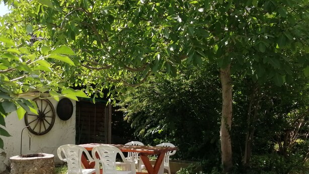 An outdoor patio with a wooden table and white plastic chairs, surrounded by lush greenery and a stone well.
