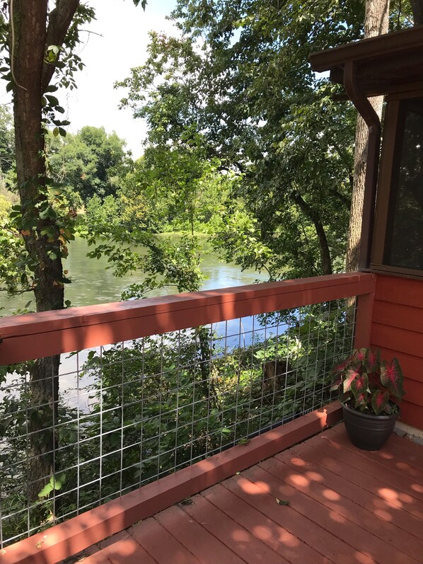 A wooden deck with a metal railing overlooking a body of water, surrounded by trees.