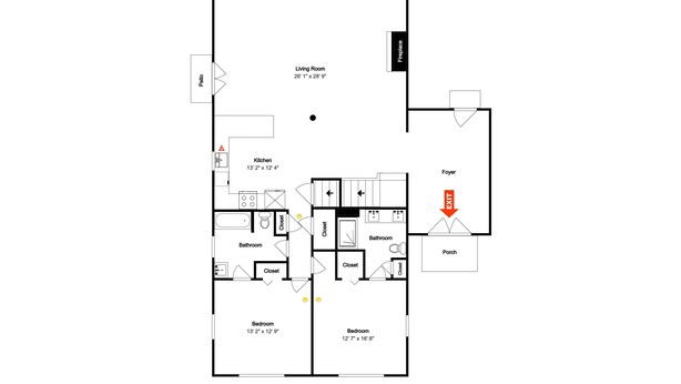 A floor plan with a living room, kitchen, two bedrooms, a bathroom, a foyer, and a porch. - Hilltop Hideaway by Taylor Made Deep Creek (McHenry)