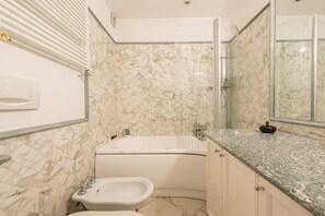 Combined shower/tub, hair dryer, bidet, towels