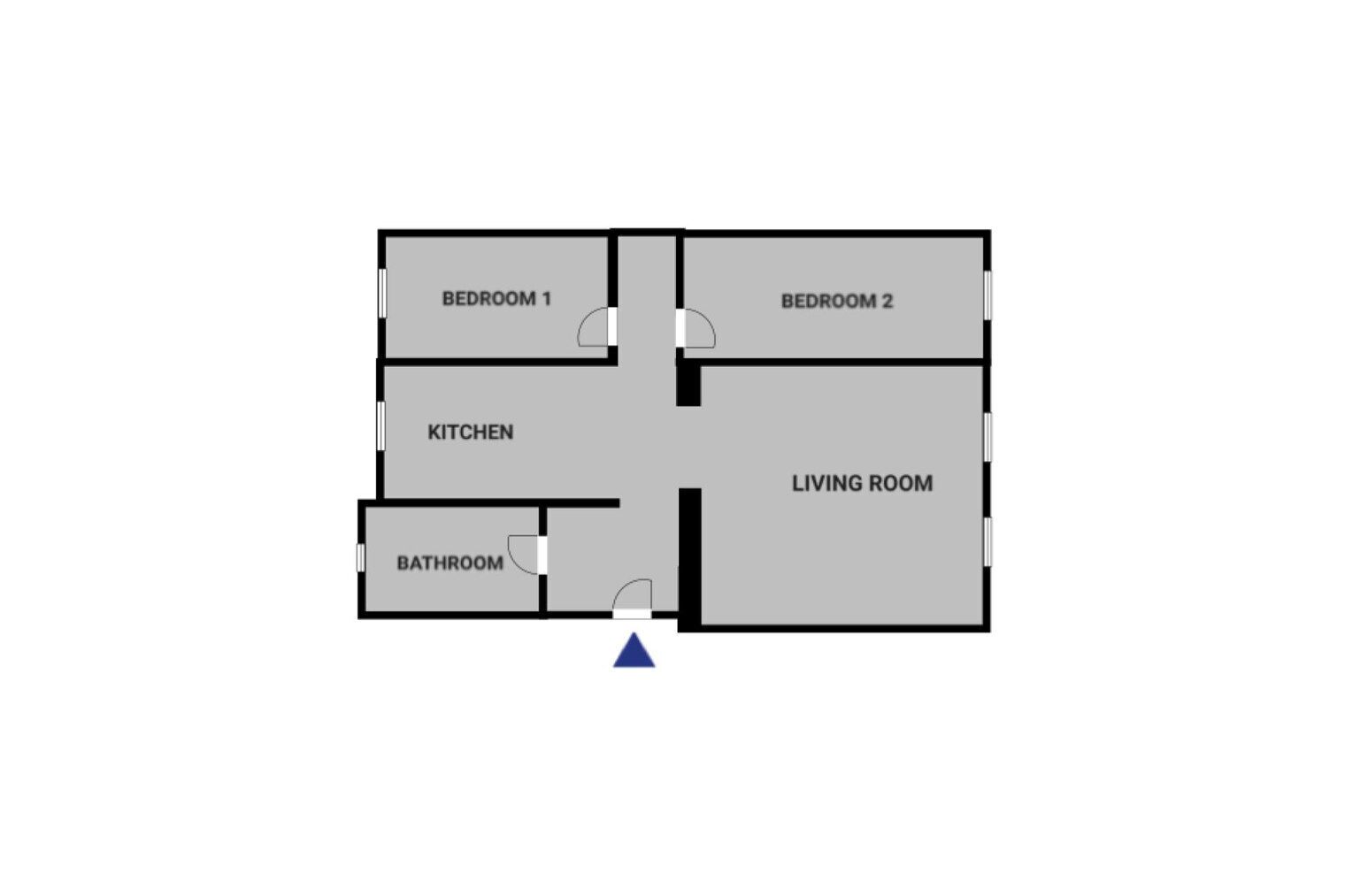 A floor plan with two bedrooms, a kitchen, a living room, and a bathroom.
