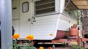 Ein weißer Wohnmobilwagen steht unter einer Überdachung, im Vordergrund ein Blumentopf.