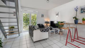 Televisie, een dvd-speler, boeken en een computerscherm