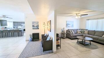 TV, fireplace, books, offices