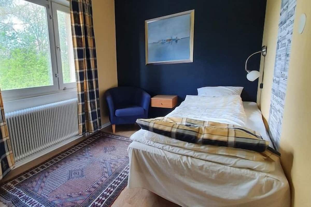 A bedroom with a bed, a chair, a window, a radiator, and a rug.