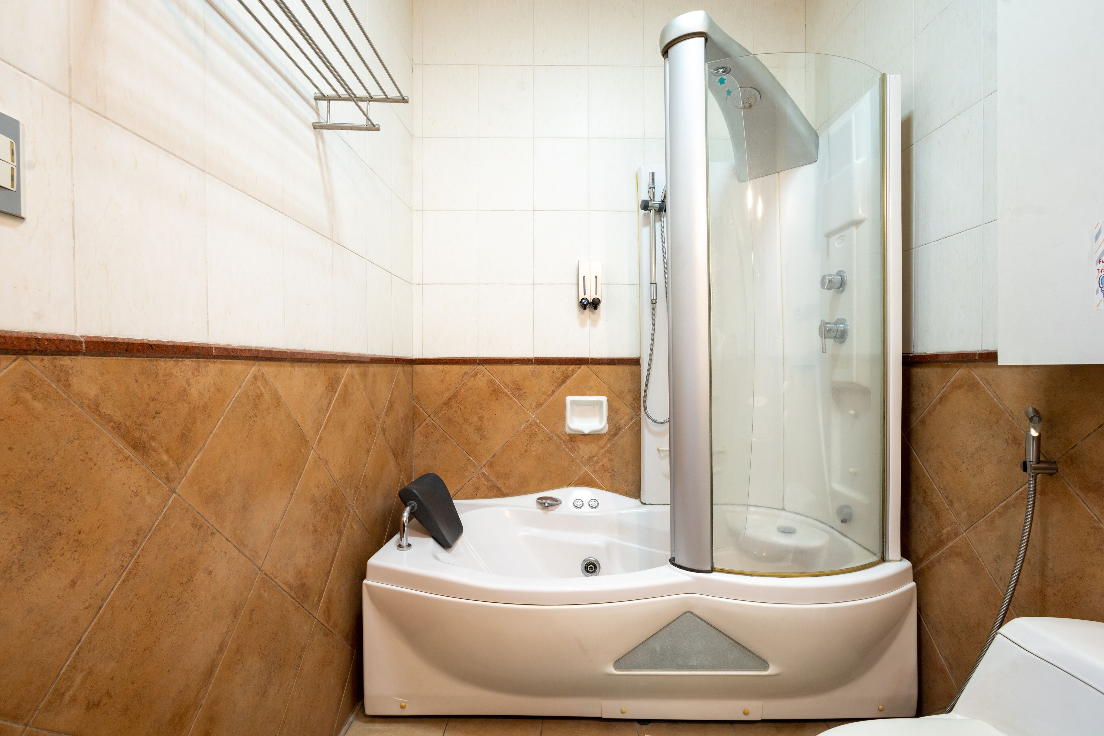Combined shower/bathtub, jetted bath, hair dryer, bidet
