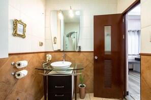 Combined shower/bathtub, jetted bath, hair dryer, bidet