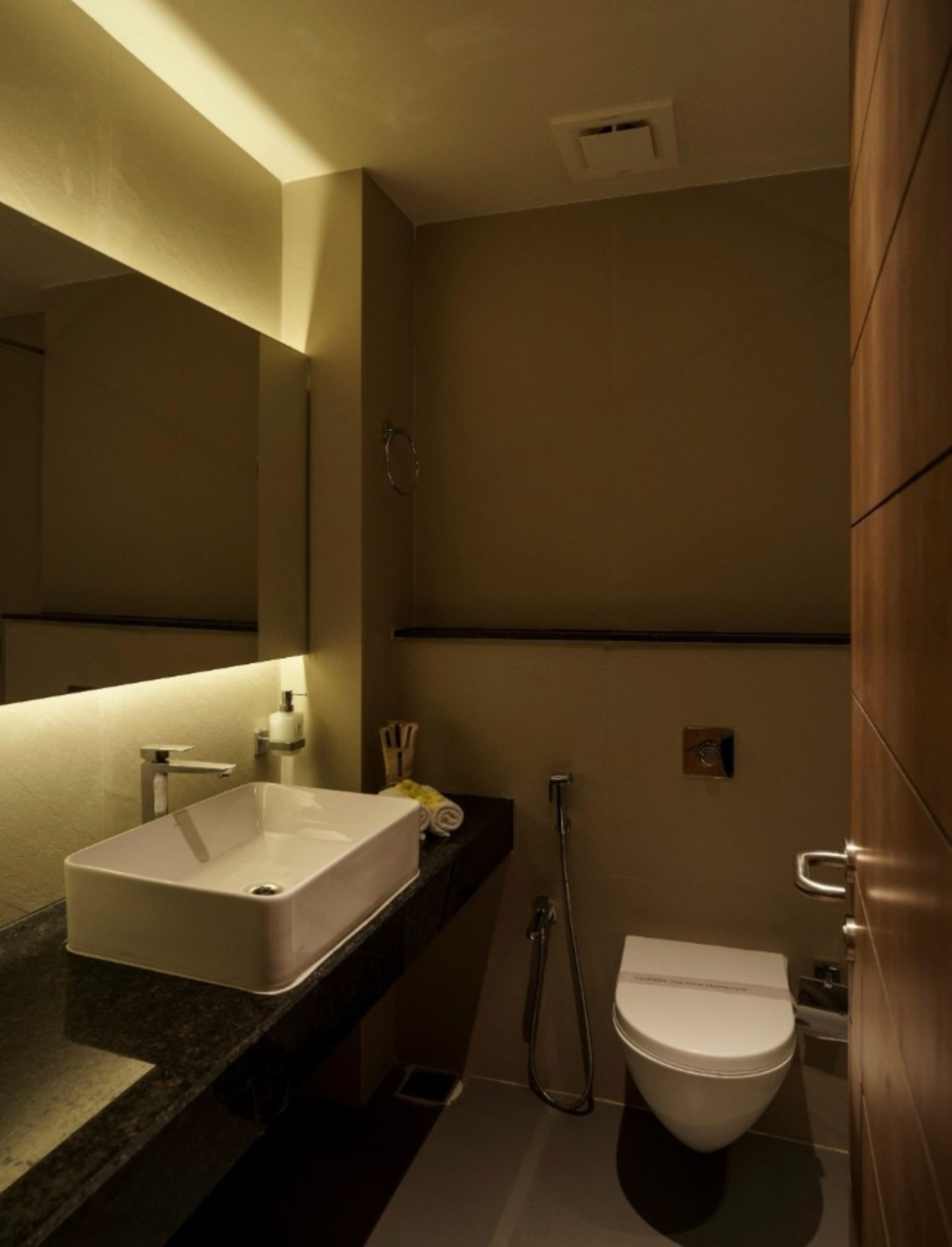 Un baño moderno con un lavamanos grande, un inodoro y una ducha.