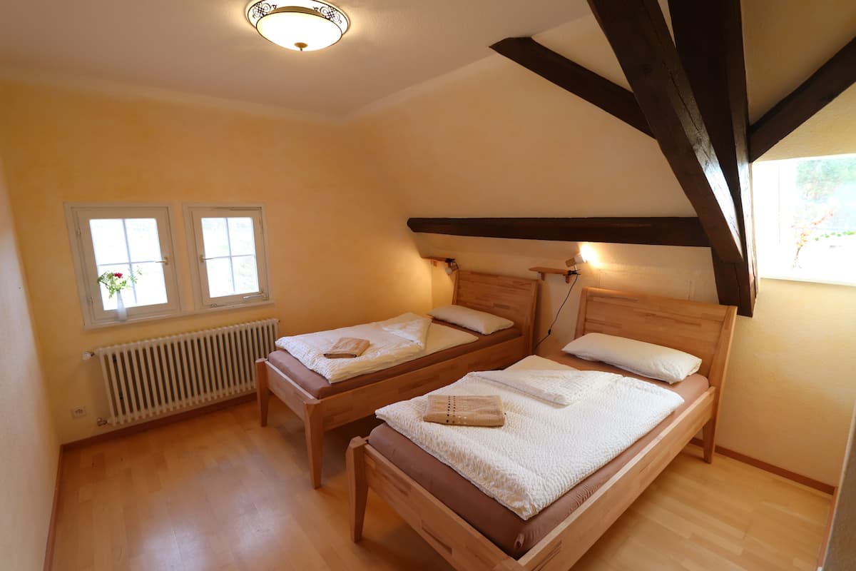 Een slaapkamer met twee houten bedden, een radiator en een raam met een plant.