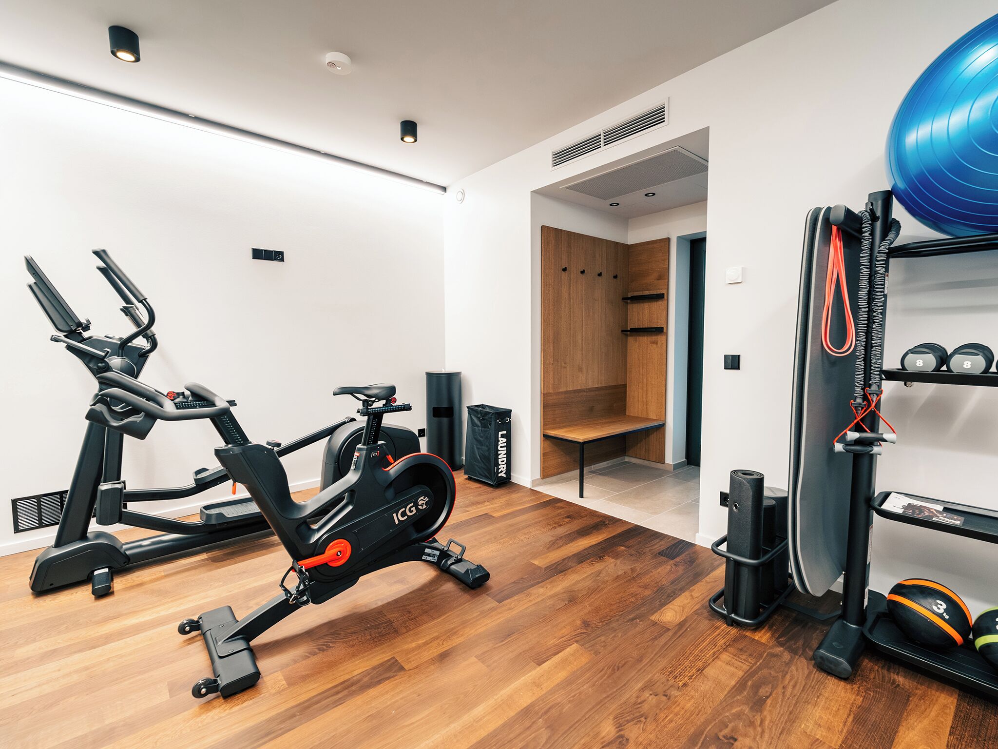 Ein modernes Heimfitnessstudio mit Ergometer, Rudergerät und einer Gewichtbank.