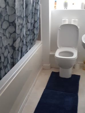 Tina con regadera, toallas, jabón, papel de baño